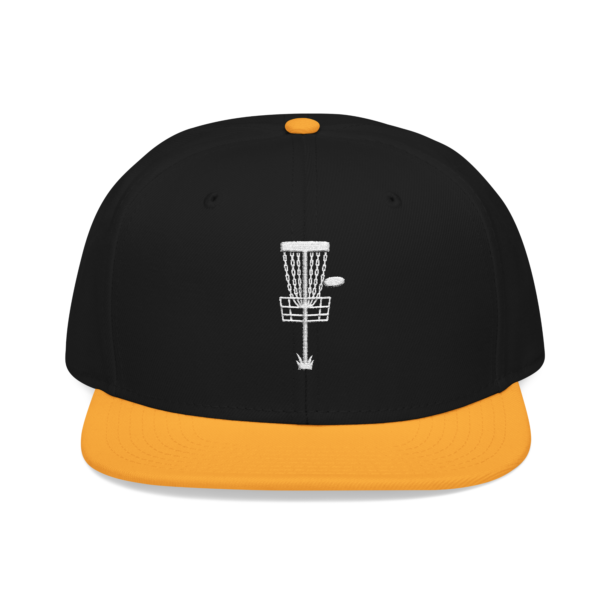 Embroidered disc golf basket snapback hat with minimalist basket design