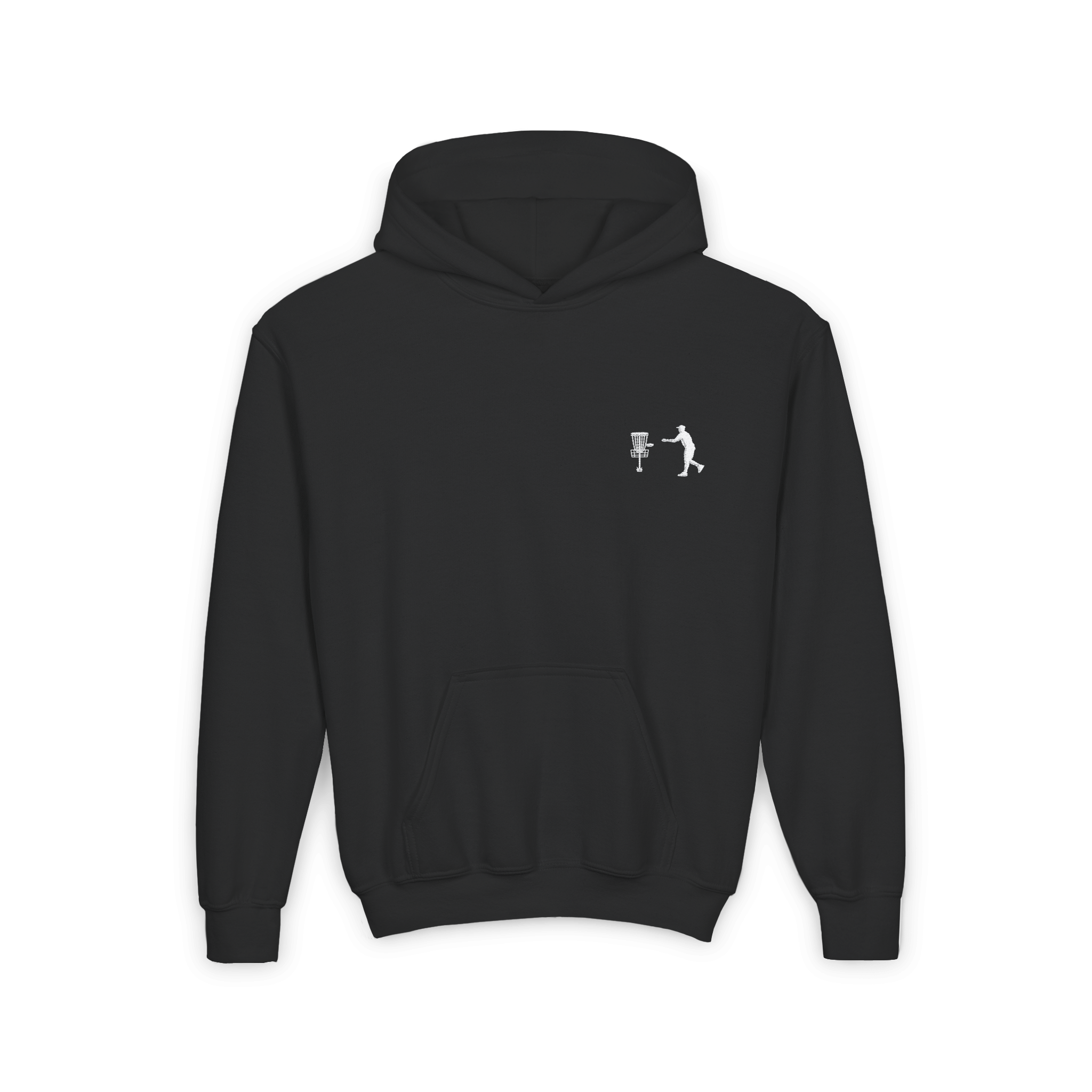 black embroidered disc golf putting youth hoodie